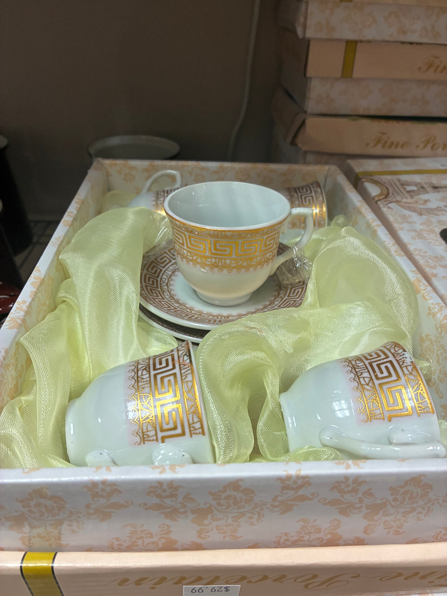 Luxury Greek Key Porcelain Espresso Cup & Saucer Set – Gold Trim Demitasse Coffee Gift Box (6-Piece)