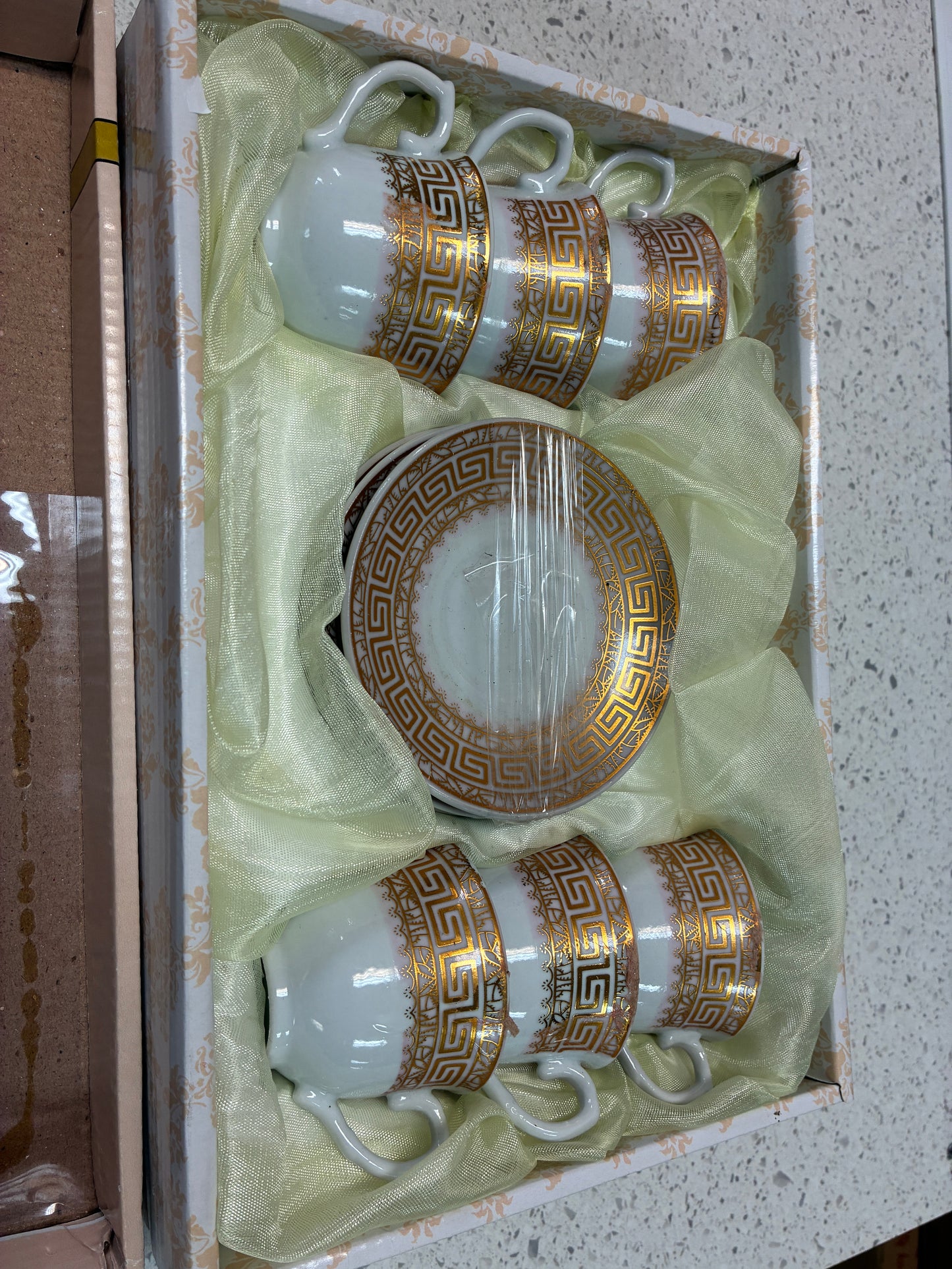 Luxury Greek Key Porcelain Espresso Cup & Saucer Set – Gold Trim Demitasse Coffee Gift Box (6-Piece)