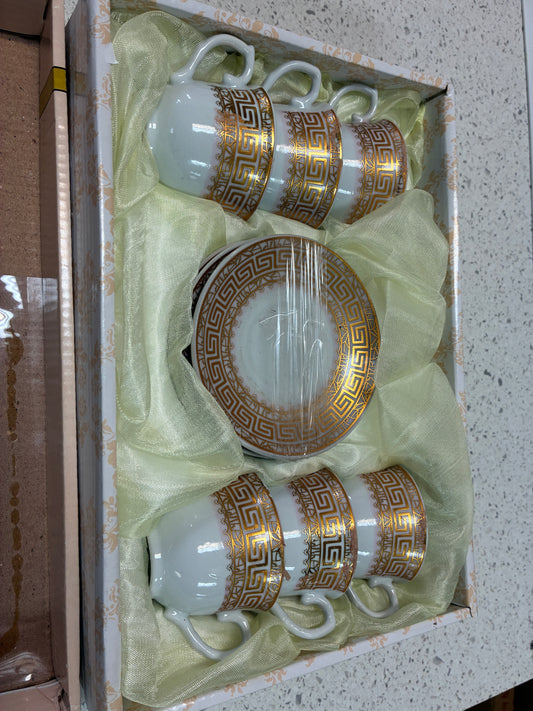 Luxury Greek Key Porcelain Espresso Cup & Saucer Set – Gold Trim Demitasse Coffee Gift Box (6-Piece)
