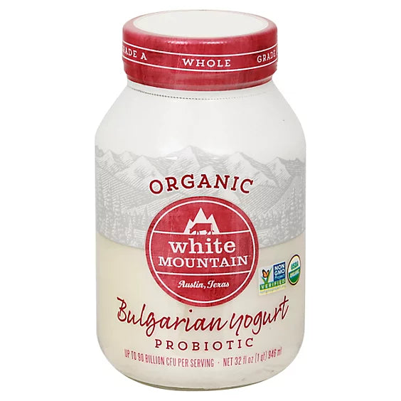 White Mountain Organic whole-milk Bulgarian yogurt in a white quart jar with a red lid